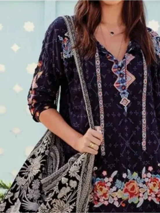 Jonny Was Embroidered Gina Long Sleeve Blouse Tubic In Black - Picture 4 of 14